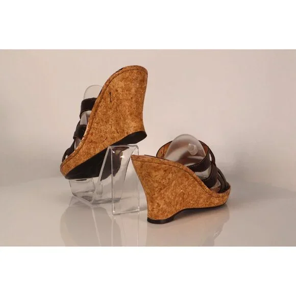 Born women's Brown Leather Cork Wedge Sandals Open Toe Strappy Design Size 8 M/W - Picture 2 of 10